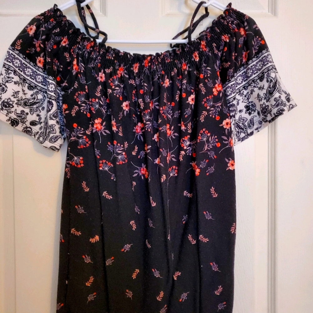Black floral off the should shirt